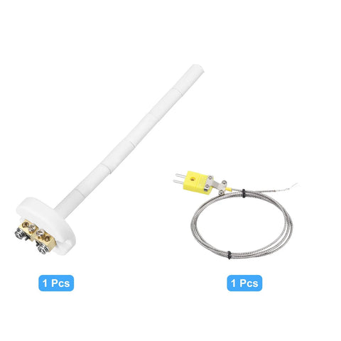 K-type ceramic kiln thermocouple probe, 6-inch white ceramic body with 3.3 ft wire; two pieces shown