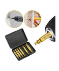 Premium 6 Pc HSS Steel Double Ended Screw Extractor Set Wrench Tool For Stubborn Stripped Bolts And Nuts Heavy Duty Gripping Action To Save Your Project. 6pc HSS 4341 extractor set in case, used with drill for stripped screws.