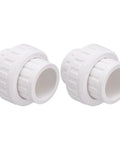 Two 1-1/2 inch PVC union coupling fittings socket to socket schedule 40 with EPDM O ring in white, actual diameter 1.9 inches