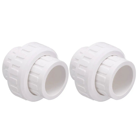 Two 1-1/2 inch PVC union coupling fittings socket to socket schedule 40 with EPDM O ring in white, actual diameter 1.9 inches