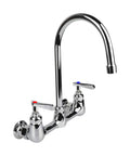 Wall Mount Commercial Kitchen Faucet With 8 Inch Center, 6 Inch Gooseneck Swivel Spout, Dual Handles, Brass Construction, Rust Resistant Chrome Finish, 2 GPM Max Flow, Heavy Duty Workhorse Utility Sink Tap For Prep Stations