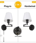 Adjustable Swing Arm Wall Sconce Set Of 2 With White Shade And Black Metal Modern Plug In Or Hardwire Wall Lamps For Bedside