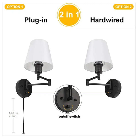 Adjustable Swing Arm Wall Sconce Set Of 2 With White Shade And Black Metal Modern Plug In Or Hardwire Wall Lamps For Bedside