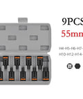 Top Notch Heavy Duty Hex Socket Adapter Kit Made From Tough Chrome Vanadium Steel For 1/2 Inch Drivers With H4 To H17 Bits In Short 55mm Lengths, Perfect For Factory Work And Auto Repairs That Need Real Grit And Precision. 9-piece 55mm set in case