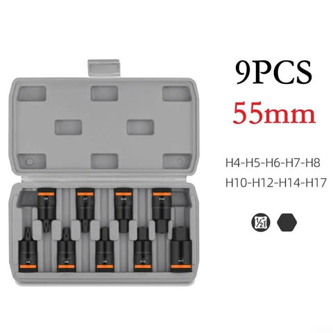 Top Notch Heavy Duty Hex Socket Adapter Kit Made From Tough Chrome Vanadium Steel For 1/2 Inch Drivers With H4 To H17 Bits In Short 55mm Lengths, Perfect For Factory Work And Auto Repairs That Need Real Grit And Precision. 9-piece 55mm set in case
