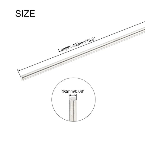 Pro Grade 2mm X 400mm Stainless Steel Round Rod, Solid Shaft Lathe Bar Stock dimensions showing length and thickness.