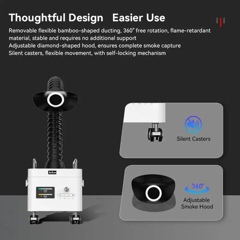 Heavy Duty Fume Extractor With Three Layer Filter For Industrial Workshops Brushless Workhorse showcasing adjustable smoke hood and flexible ducting.