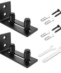 Black Floor Guide And Bottom Wall Guide Set For Barn Doors With Flush Design Flat Bottom Stay Roller Two Pack Heavy Duty Cast Iron Rust Resistant Powder Coat 5 Mm Thick 4.72 In Length 5.26 In Height 2.05 In Wide, showing parts and tools.