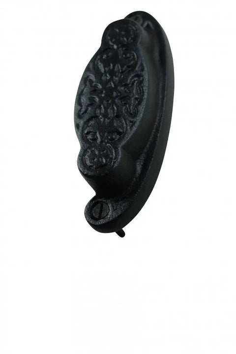 Kickass Black Wrought Iron Drawer Pulls Rock Solid Rust Resistant Powder Coat Finish, detailed cup pull with ornate design.
