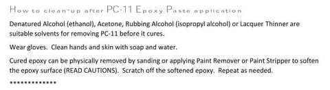 Instructions on cleaning PC-11 epoxy paste with solvents like alcohol and lacquer thinner after application, emphasizing safety precautions.