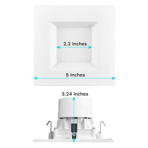 Dimensions diagram of 4 Inch Square LED Recessed Light Kit, 950 Lumens, Dimmable Retrofit, Five Color Temperatures 2700K To 5000K.