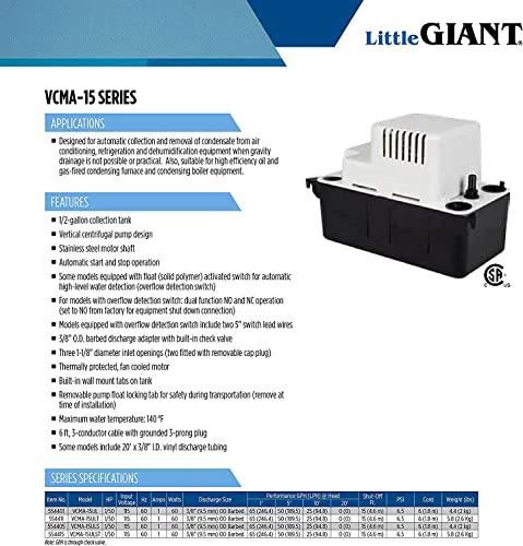 Little Giant VCMA-15UL condensate pump, 115V, 65 GPH, 1/50 HP, black and white, 6 ft cord