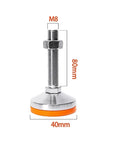 Solid As A Rock Adjustable Rubber Floor Leveling Feet Featuring Thick Carbon Steel Base And Threaded Lift Mechanism For Quick Wobble Free Support Of Heavy Machinery And Gear Racks On Rough Floors, M8 size with 80mm height and 40mm diameter.