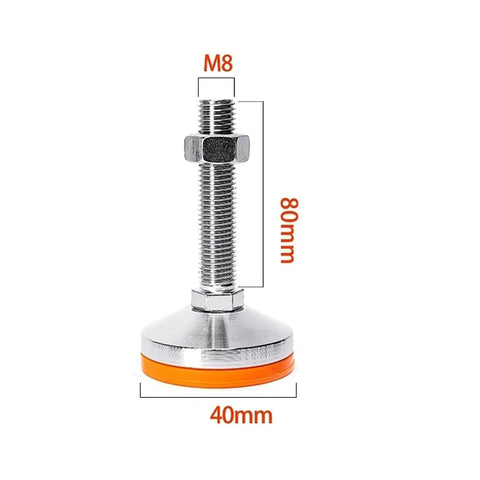 Solid As A Rock Adjustable Rubber Floor Leveling Feet Featuring Thick Carbon Steel Base And Threaded Lift Mechanism For Quick Wobble Free Support Of Heavy Machinery And Gear Racks On Rough Floors, M8 size with 80mm height and 40mm diameter.