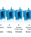 Four blue 1-Gang PVC electrical retrofit junction boxes for wall switch outlet install, with polished finish.