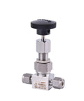 SS-31RS4 needle metering valve with knurled black adjustment knob, stainless steel body, side-port fittings