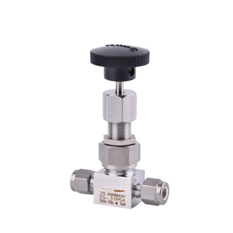 SS-31RS4 needle metering valve with knurled black adjustment knob, stainless steel body, side-port fittings