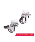 Two casters from four piece set of one point five inch L shaped right angle flower stand casters with quiet rolling wheels shown