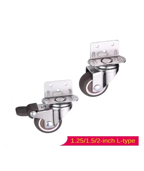 Two casters from four piece set of one point five inch L shaped right angle flower stand casters with quiet rolling wheels shown