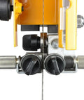 No Sweat Setup 14 Inch Open Stand Bandsaw Rigged Solid close-up of toolless thumbscrew bearing locks and adjustment knobs.
