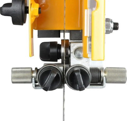 No Sweat Setup 14 Inch Open Stand Bandsaw Rigged Solid close-up of toolless thumbscrew bearing locks and adjustment knobs.