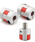 Beefy 8Mm To 8Mm Bore Aluminum Plum Flexible Shaft Coupling For Servo And Stepper Motors, shown in close-up, silver with red accents