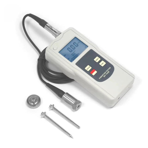 Handheld Digital Vibration Meter With Three Measurement Modes Displacement Velocity And Acceleration Portable Lightweight Tester With One Handed Operation And Large LCD Display Readouts In Metric And Imperial For Field And Lab Vibration Analysis, shown with probes