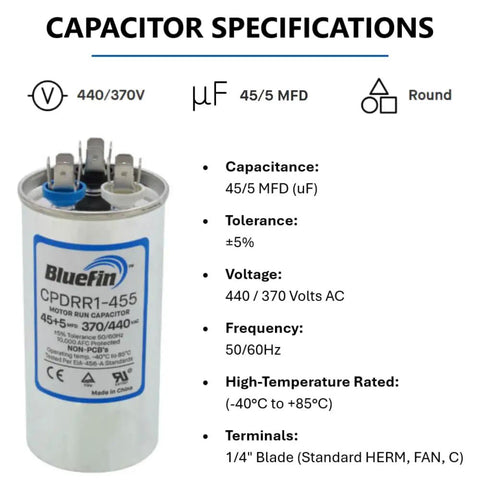 Dual Run HVAC Capacitor 45 Plus 5 MFD 370 440V Kit Specifications with 440/370V rating and 45/5 MFD capacitance details.