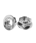 Heavy Duty M24x2.0 Axle And Shaft Spindle Nuts Pair Rock Solid For Ford F150 Lincoln Navigator Cadillac CTS Chevy Trucks Rust Proof No Worries Installation Hardware close-up view showing shiny carbon steel finish.