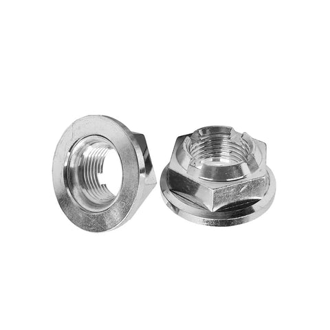 Heavy Duty M24x2.0 Axle And Shaft Spindle Nuts Pair Rock Solid For Ford F150 Lincoln Navigator Cadillac CTS Chevy Trucks Rust Proof No Worries Installation Hardware close-up view showing shiny carbon steel finish.