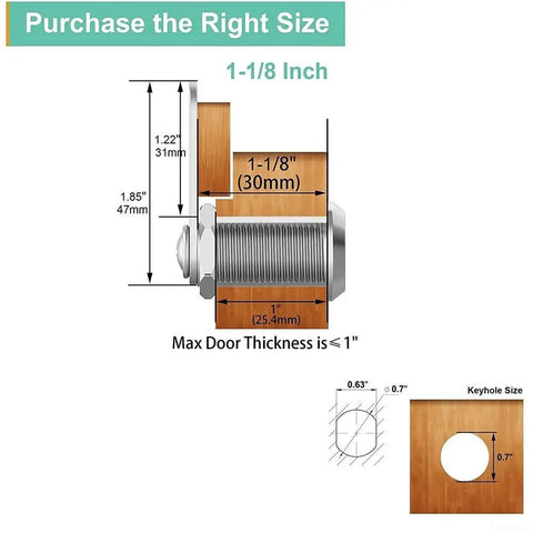 30mm Zinc Alloy Cam Lock Set showing dimensions for RVs, camper doors, tool boxes, cabinets, heavy duty security setup.
