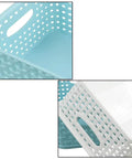Close-up of blue and white plastic storage bins with hollow-out design and easy carry handles for quick easy organization and grab and go storage.