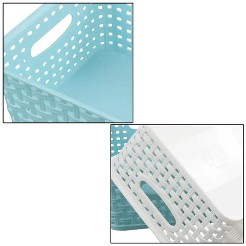 Close-up of blue and white plastic storage bins with hollow-out design and easy carry handles for quick easy organization and grab and go storage.