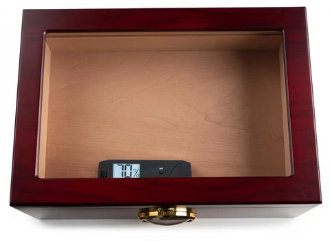 Caliber V Digital Hygrometer And Thermometer With Swiss Made Sensor, Slim 4 Inch Humidity Gauge For Real Time Temp And Humidity Readings, Black Finish inside wooden cabinet