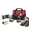 Hardcore 20 Volt Max Cordless Power Tool Combo Kit Four Piece Set With Two Rechargeable Batteries Quick Charger Circular Saw And Drill Driver displayed with bag.