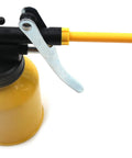 Oil spray bottle, 250 ml, yellow plastic bottle with black pump head, long yellow nozzle and silver lever.