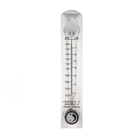 Panel Mount Water Flow Meter For PVC Pipe With Adjustable Knob, measures 0.2 to 2.0 GPM, clear reading display, front view