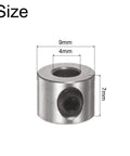 Front view of stainless steel shaft collar, 9mm OD, 4mm bore, 7mm wide, set-screw hole.