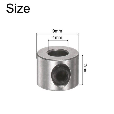 Front view of stainless steel shaft collar, 9mm OD, 4mm bore, 7mm wide, set-screw hole.