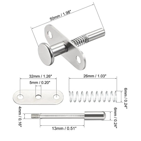 Heavy Duty Spring Loaded Plunger Latches For Cabinet Doors And Toolbox Catches with dimensions and parts in stainless steel.