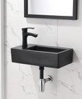 18 Inch Corner Bathroom Sink With Matte Black Faucet Ultra Space Saver Wall Mount Vessel Sink For Tight Nooks Narrow Bathroom Vanity Or Cloakroom Porcelain Ceramic Basin With Overflow Left Hand, showing matte black porcelain design mounted on wall.