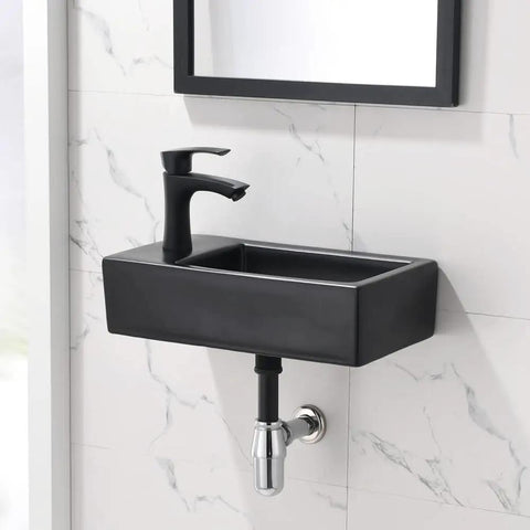 18 Inch Corner Bathroom Sink With Matte Black Faucet Ultra Space Saver Wall Mount Vessel Sink For Tight Nooks Narrow Bathroom Vanity Or Cloakroom Porcelain Ceramic Basin With Overflow Left Hand, showing matte black porcelain design mounted on wall.
