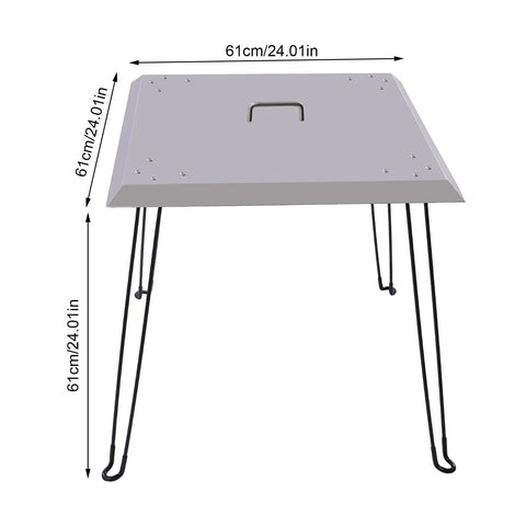 Stainless Steel Fire Pit Heat Deflector Shield With Foldable Design And Easy Handle, shown with dimensions and foldable legs.