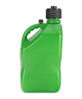 Rock Solid Heavy Duty 5.5 Gallon Square Storage Jugs Green Three Pack With Battery Powered Pump side view of green jug with handle.