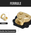 0 2 4 Gauge Copper Power Distribution Block For Car Audio Ground 2 Way In Out Splitter With Copper Core And Durable Plastic Cover Perfect For Auto Boats And Other Vehicles ferrule shown on black base