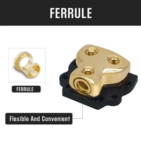 0 2 4 Gauge Copper Power Distribution Block For Car Audio Ground 2 Way In Out Splitter With Copper Core And Durable Plastic Cover Perfect For Auto Boats And Other Vehicles ferrule shown on black base