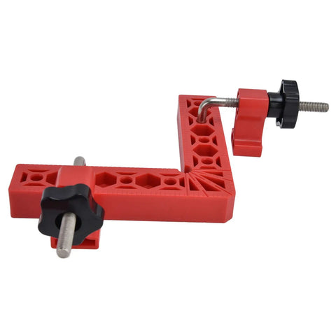 Squared Up 90 Degree Positioning Square Right Angle Splicing Clamp Kit Adjustable Woodworking Corner Fixture Pro Grade Jig For Cabinets Picture Frames No Hassle Setup Red Finish, showing red ABS clamp and black knobs.