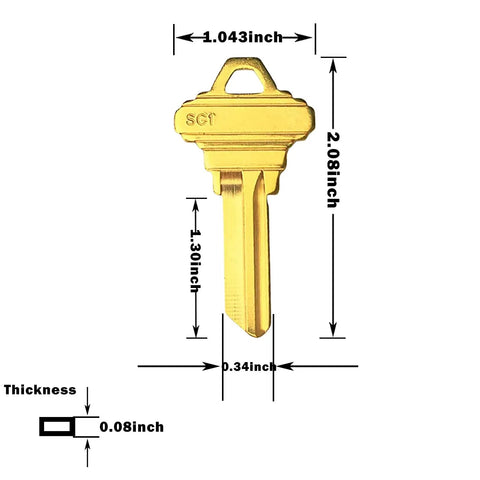 SC1 Brass Finish Key Blanks Pack Of 50 Uncut Keys For Locksmiths, detailed dimension diagram in inches