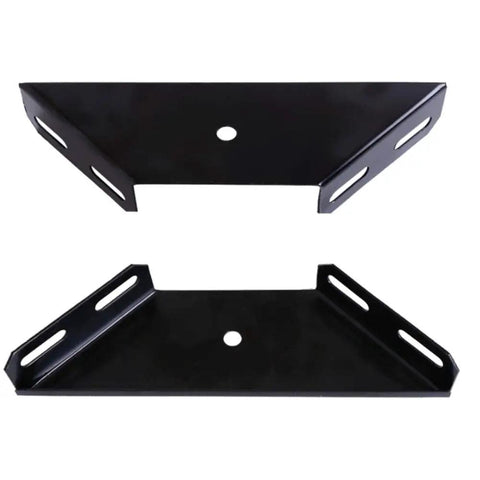 Built Tough Corner Brace Set 2 Pack Heavy Duty Bed Frame Brackets, black metal gusset plates with trapezoid flange angles, front view.