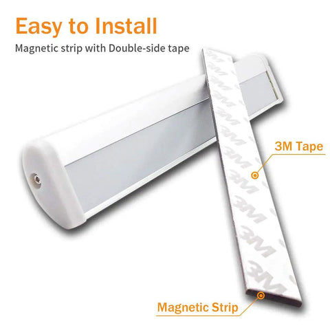 Motion Sensing LED Light 10 LED Under Cabinet Battery Powered Wireless Stick On Night Light 3 Pack With Magnetic Tape Strips No Wires Needed Portable DIY Closet Hallway Lighting, shown with magnetic and 3M tape for easy installation.